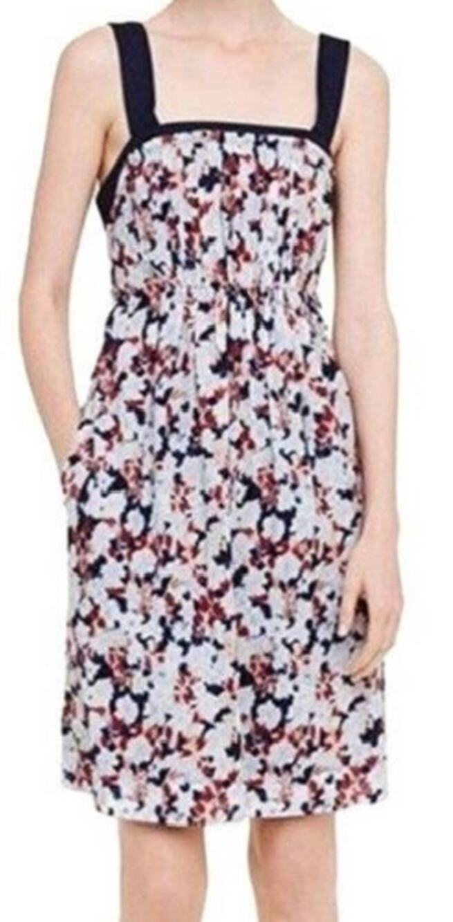 Club Monaco Dress Size 00 Cotton Silk Floral Print Navy Strappy Midi Sundress